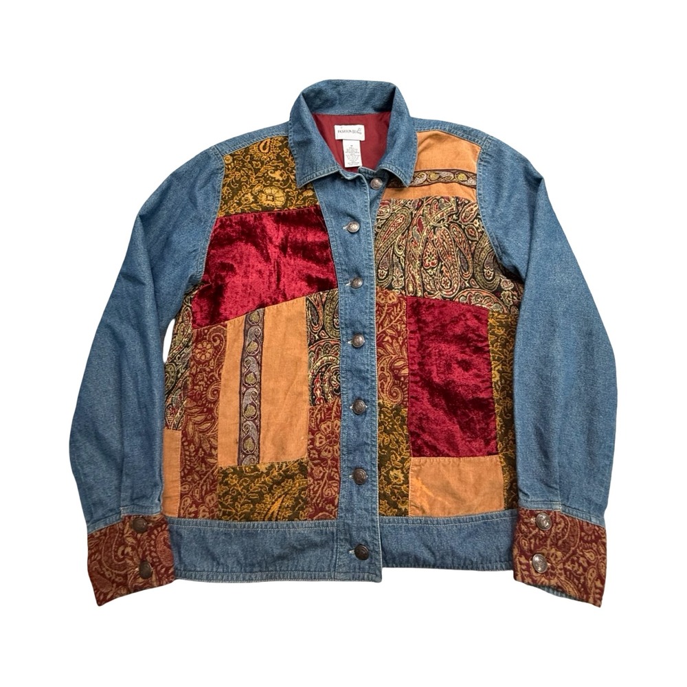 Fashion Bug Patchwork Jacket Womens M Blue Denim Velvet Paisley Boho